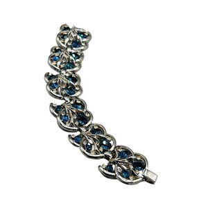 Signed Trifari Sapphire Blue Rhinestones Link Bracelet Wide Silver Tone Long